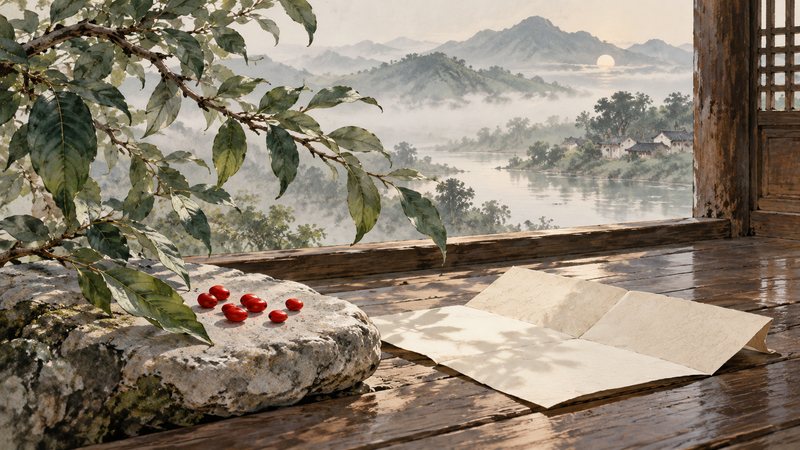 A small collection of red seeds beside a branch and an open blank letter in an imagined painted scene