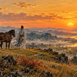 An imagined traditional carriage on an old plateau overlooking a golden setting sun