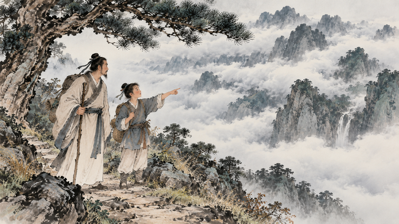 An imagined traveler speaking with a young attendant beneath a pine while clouds obscure the mountain path