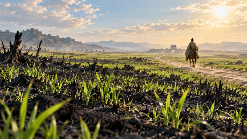 Fresh grass returning across a burned plain as a traveler departs along an old road