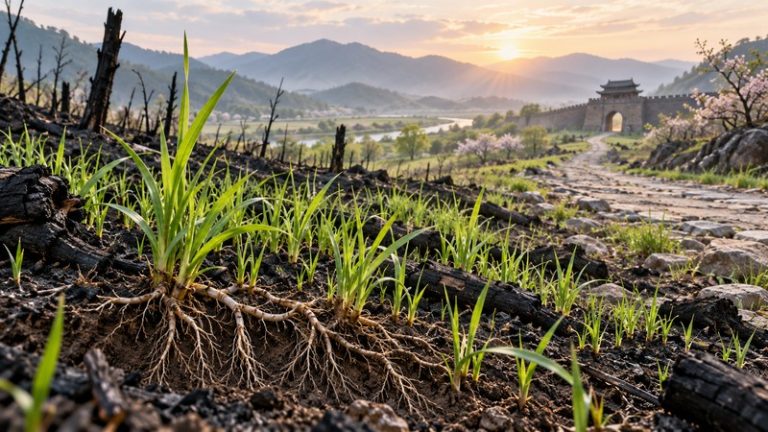 Green grass and exposed roots growing from charred earth beside an old road and gate