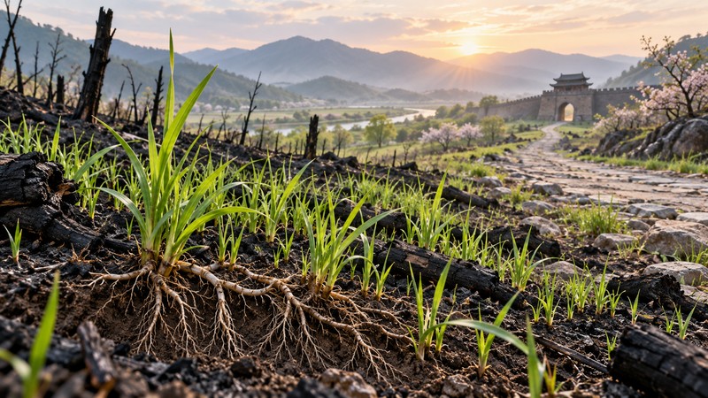 Green grass and exposed roots growing from charred earth beside an old road and gate