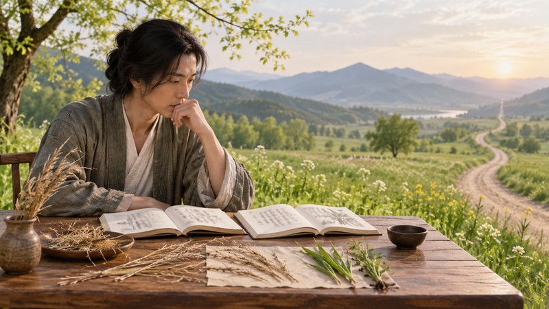 Reader comparing poetry books beside dried grass, green shoots, and a distant road