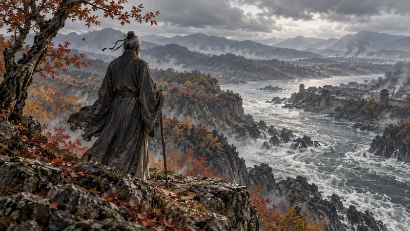 Aging traveler overlooking an autumn river gorge evoking exile in Du Fu's Autumn Meditations