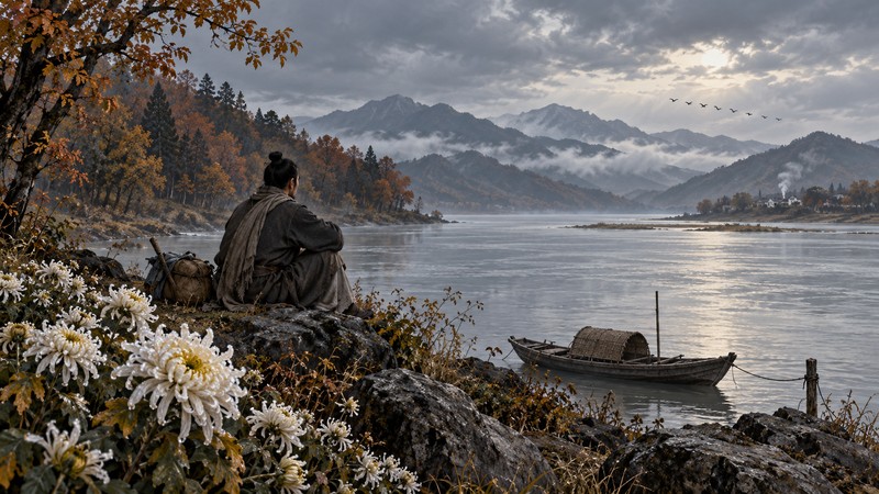 Dew-covered chrysanthemums, moored boat, river, and mountains from the imagery of Autumn Meditations