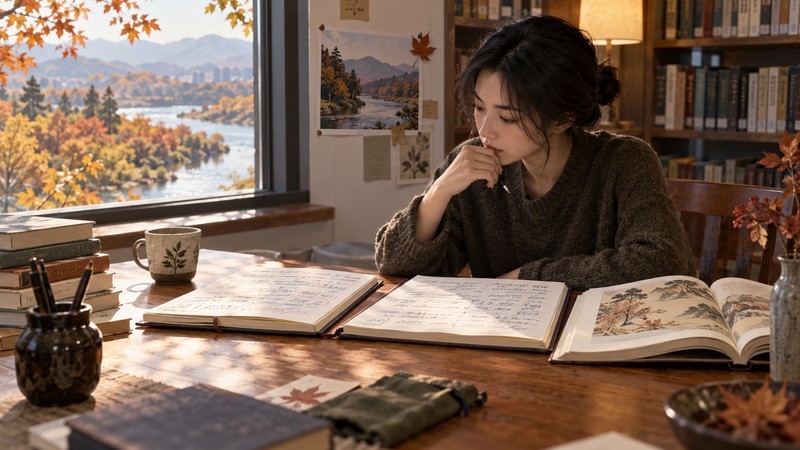 Reader comparing translation notes beside an autumn river view for Du Fu's poem