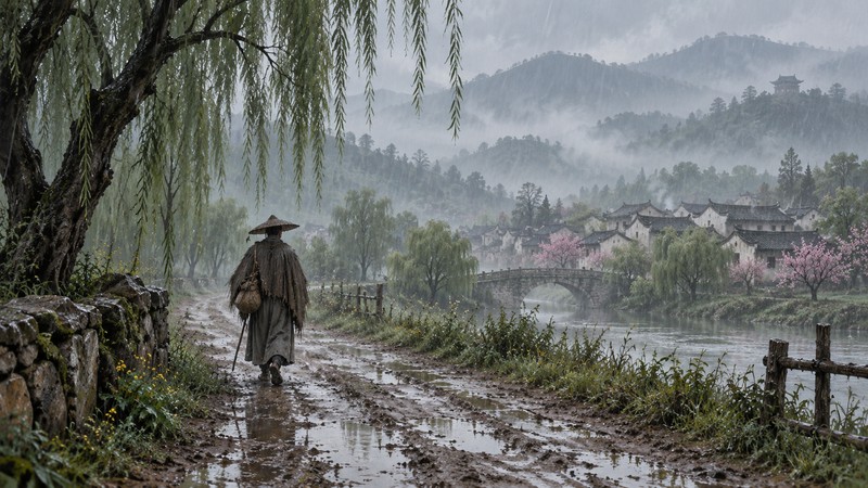 Lone traveler walking through Qingming rain toward a distant village
