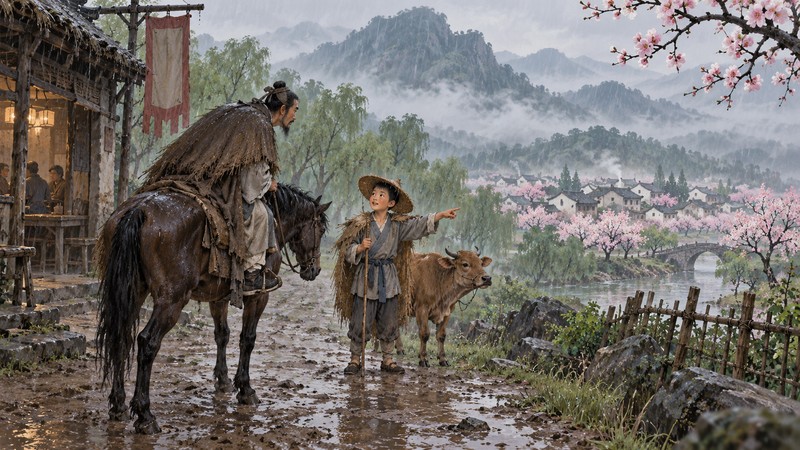 Traveler asking a young cowherd for directions toward an apricot-blossom village