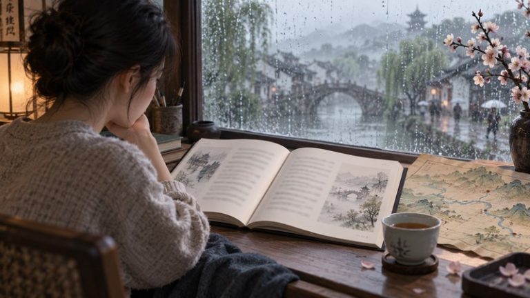 Reader comparing translations of Du Mu's Qingming poem beside a rain-speckled window