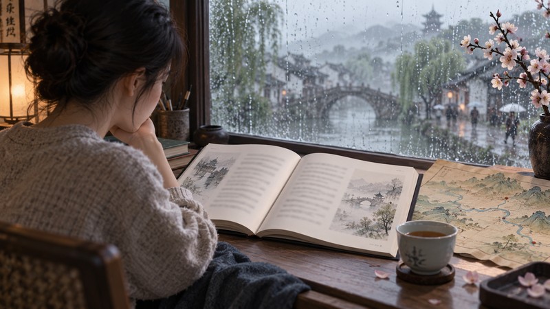 Reader comparing translations of Du Mu's Qingming poem beside a rain-speckled window