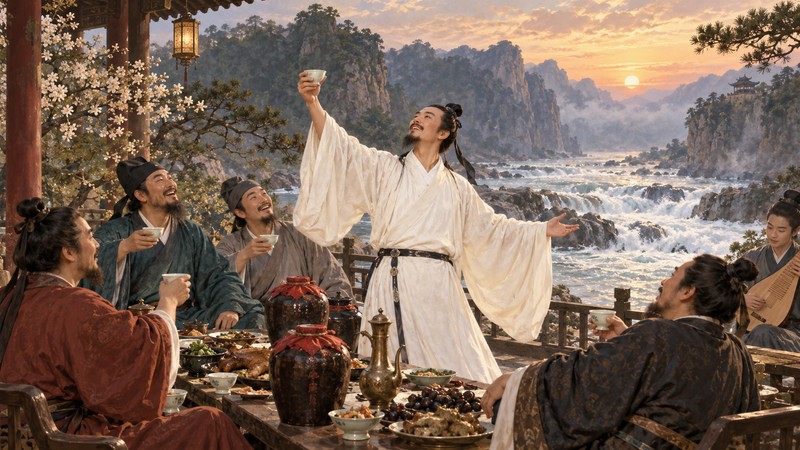 Main scene illustrating Li Bai Bringing in the Wine Poem Meaning: Images and Translation Notes