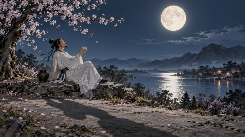 Solitary poet raising a cup beneath the full moon with a long shadow