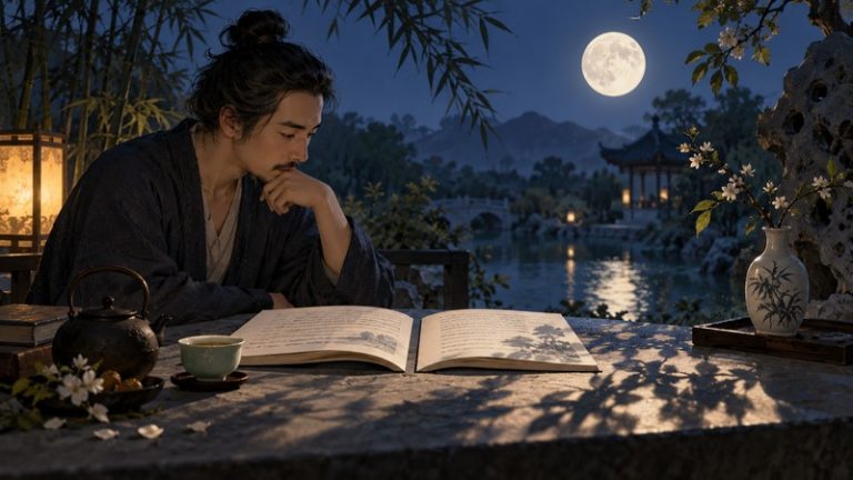 Reader comparing translations of Drinking Alone Under the Moon in a moonlit garden