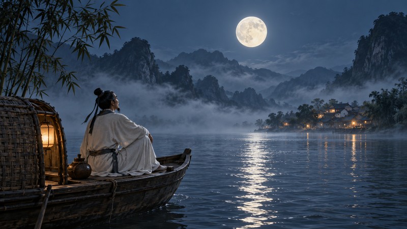 Main scene illustrating Li Bai Moonlit Night Poem Meaning: Images, Distance, and Translation
