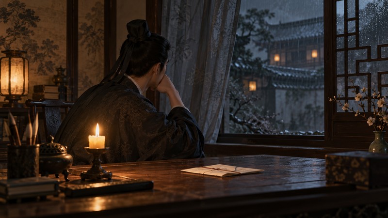 Solitary reader beside a candle and rain-dark window evoking distance in Li Shangyin's Untitled poem