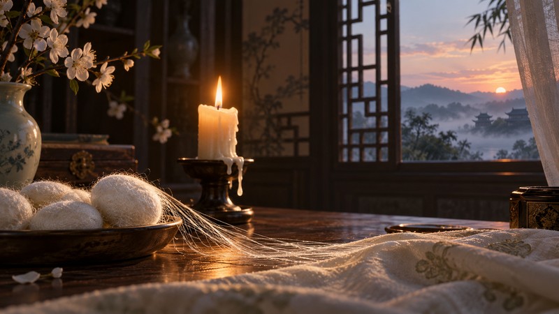 Silkworm cocoons, silk thread, and a burning candle illustrating central images in Li Shangyin's poem