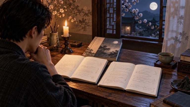 Reader comparing translation notes for Li Shangyin's Untitled poem at a candlelit desk