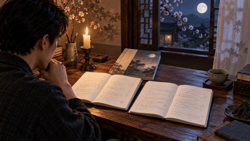 Reader comparing translation notes for Li Shangyin's Untitled poem at a candlelit desk
