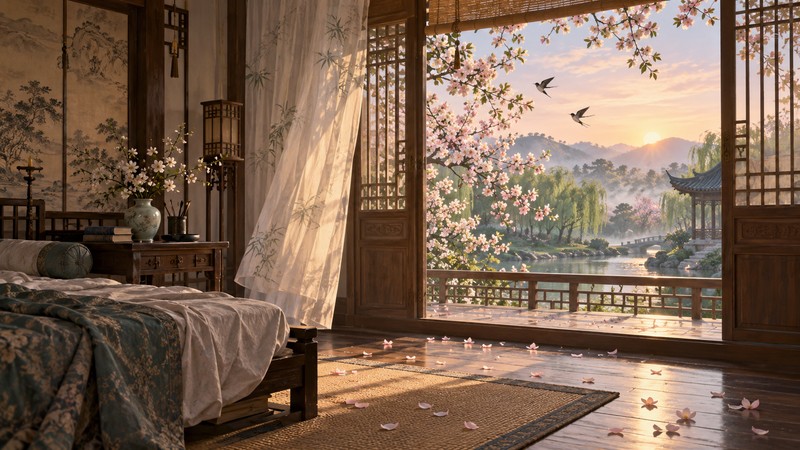 Main scene illustrating Spring Dawn by Meng Haoran: Meaning, Sound, and Translation Notes
