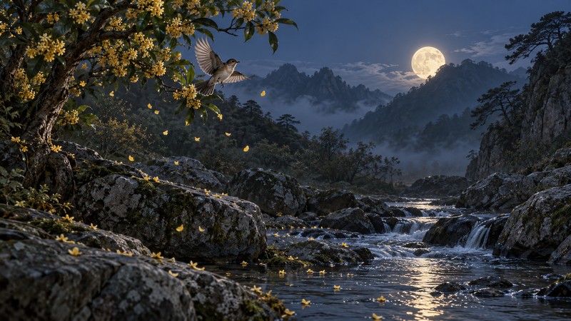 Main scene illustrating Wang Wei Birdsong Stream Meaning: Stillness, Sound, and Translation