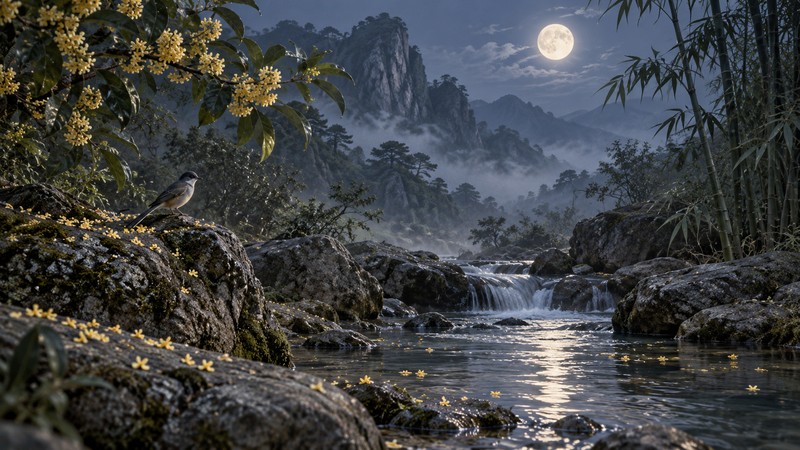 Key imagery and setting for Wang Wei Birdsong Stream Meaning: Stillness, Sound, and Translation