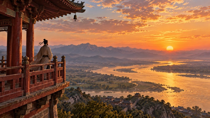 Traveler viewing the setting sun and Yellow River from a high tower