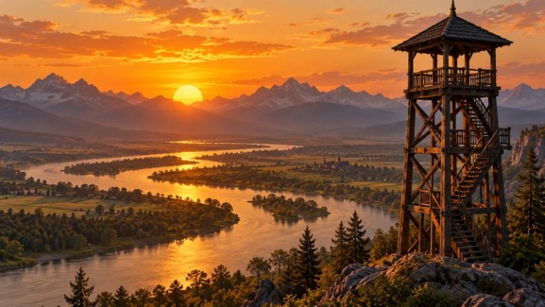 Tall wooden tower, ascending stairs, river, mountains, and setting sun