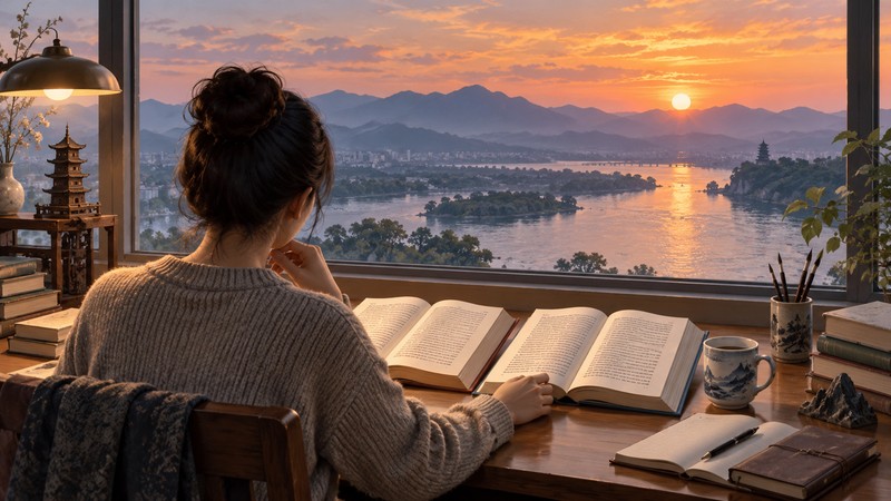 Reader comparing translations of On the Stork Tower beside a panoramic river view