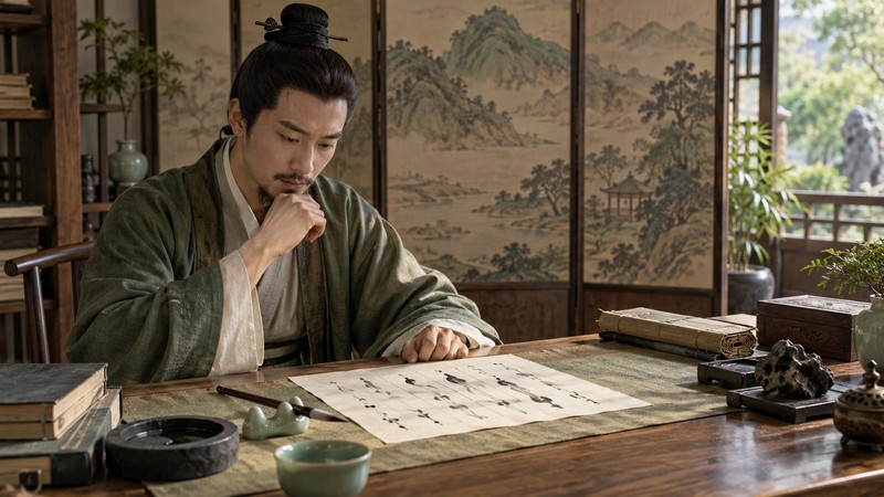 Scholar studying a short Chinese poem and its visual structure