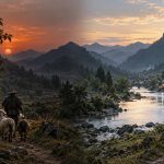 Mountain valley at sunset with a river, village, shepherd, and traveler