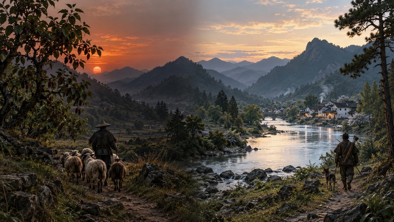 Mountain valley at sunset with a river, village, shepherd, and traveler