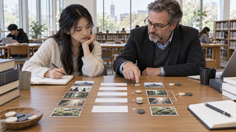Teacher and student arranging photo cards, blank labels, and tokens on a library table