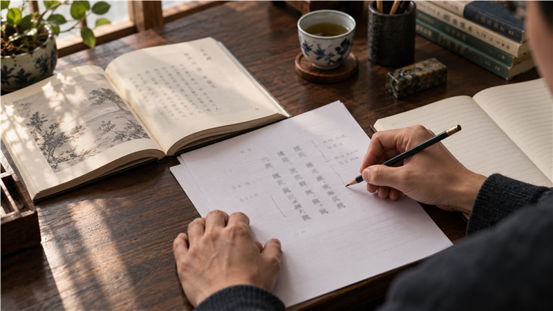 A reader marking line breaks and structural notes beside an open Chinese poetry anthology