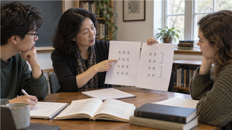 A literature instructor guiding students through the four-line structure of a classical Chinese poem