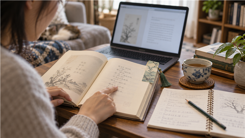 A reader comparing a Chinese anthology with a translation and notes on imagery and the poem’s final turn