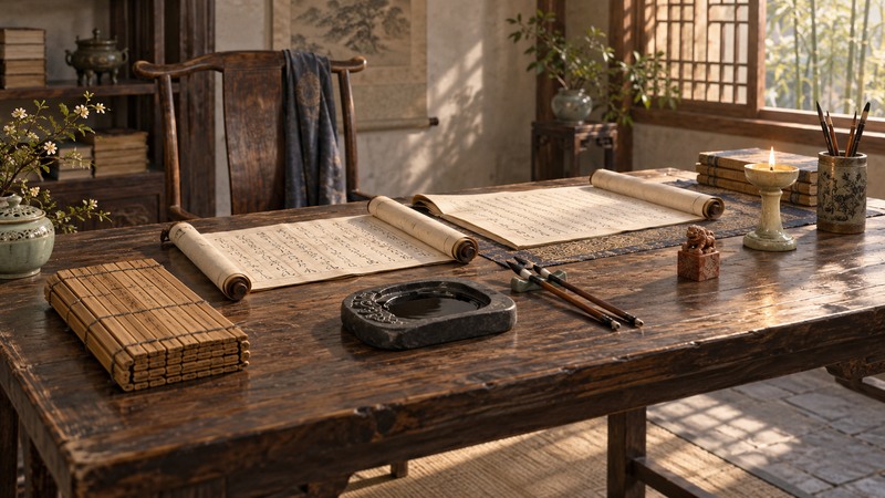 Illustrative Tang-style study setting with paper manuscripts, brushes, inkstone, and lamp