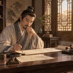 Anonymous scholar composing poetry at a writing table in a Tang-inspired setting