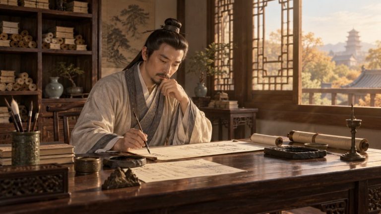 Anonymous scholar composing poetry at a writing table in a Tang-inspired setting