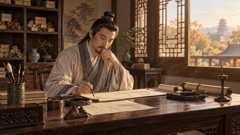 Anonymous scholar composing poetry at a writing table in a Tang-inspired setting