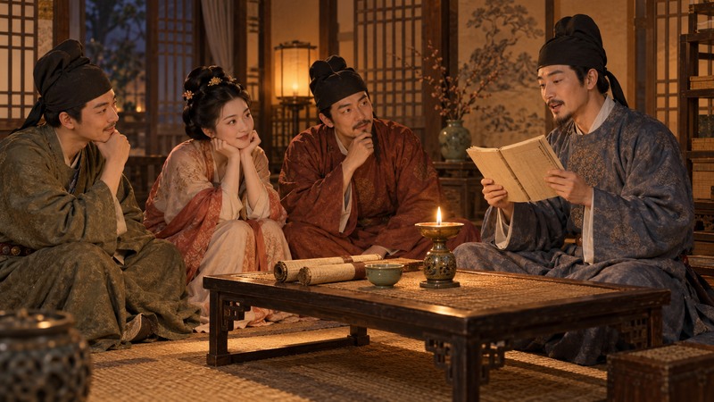 Illustrative Tang-inspired indoor storytelling scene with a manuscript reader and listeners