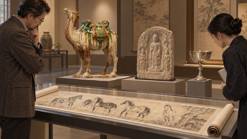 Two researchers compare Tang-inspired painting, ceramic, stone sculpture, and silverwork in a museum study gallery