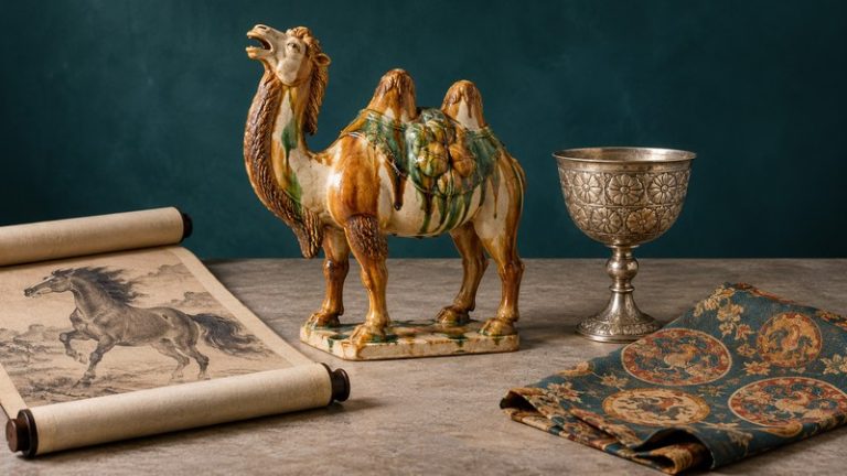 Tang-inspired art still life with a glazed camel, ink horse scroll, silver cup, and patterned silk