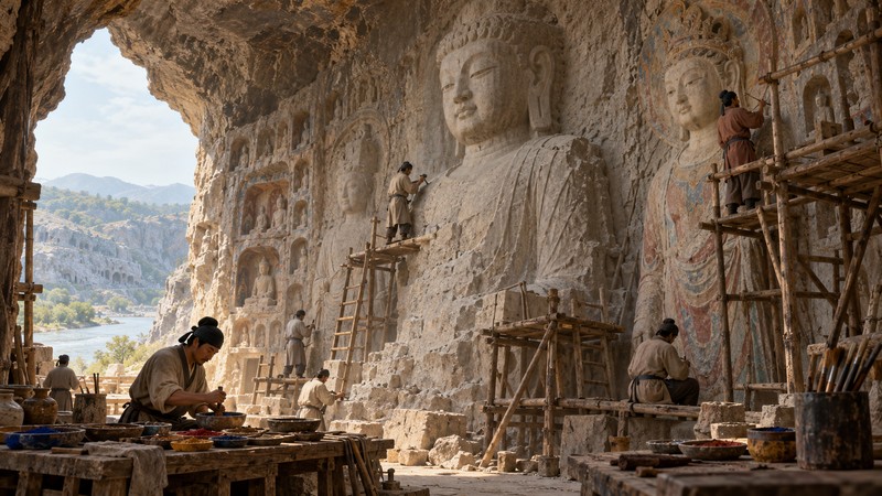 Illustrative reconstruction of Tang-period artisans carving and painting a Buddhist cave sanctuary