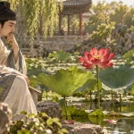 A Tang scholar quietly observing a red lotus, green leaves, and a fading leaf in a garden pond