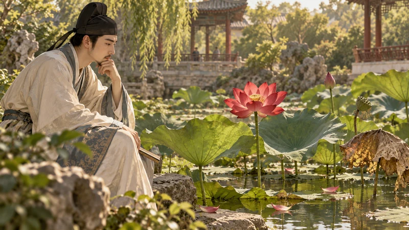 A Tang scholar quietly observing a red lotus, green leaves, and a fading leaf in a garden pond