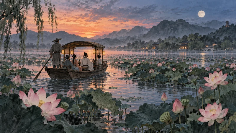 A wooden boat crossing a lotus-filled lake at dusk with mountains and a rising moon