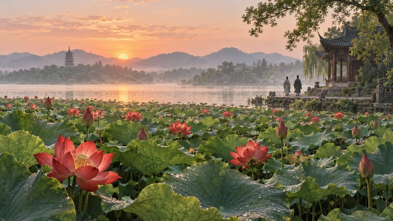 Sunrise over West Lake with red lotus flowers, endless green leaves, and two scholars by a pavilion