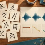 A linguistics desk contrasting distinct written symbol cards with repeated sound waves and tone contours