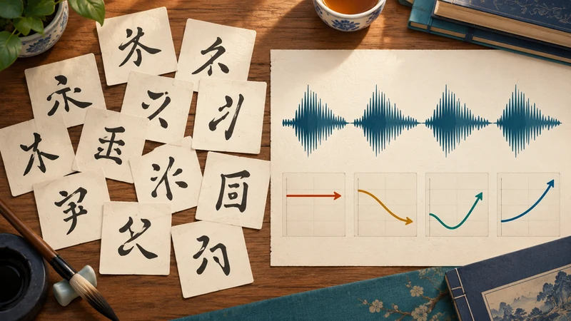 A linguistics desk contrasting distinct written symbol cards with repeated sound waves and tone contours