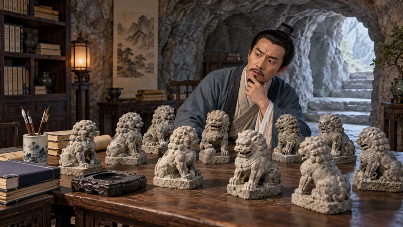A puzzled scholar in a stone study looking at ten small stone lion statues